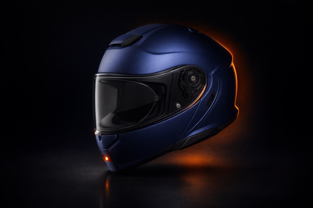 Shoei Neotec 3 en lumière studio, sur le fond du banc